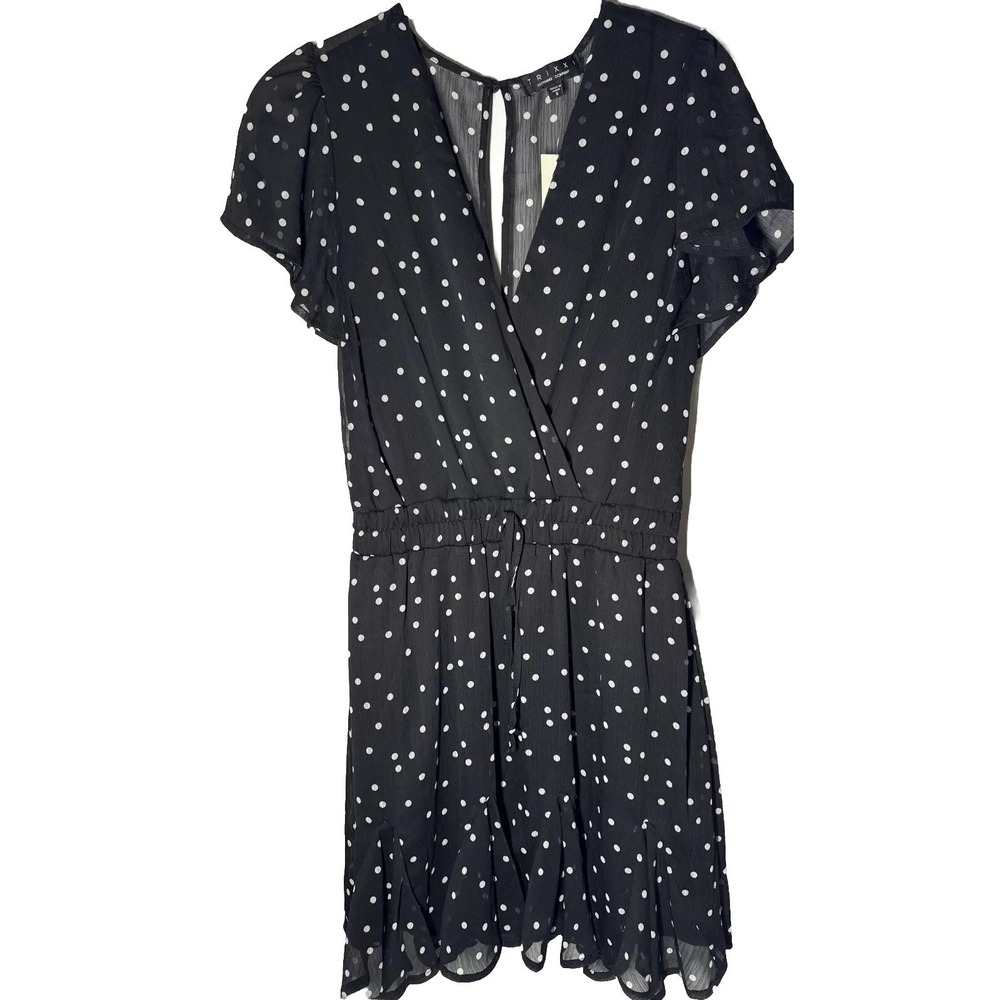 Women's Black & White Polka dot Minidress V-neck Flutter‎ sleeve Small NEW